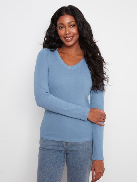 Tencel Rib V-Neck Top