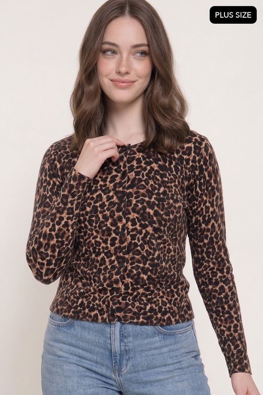 Plus Sized Leopard Print Sweater Cardigan