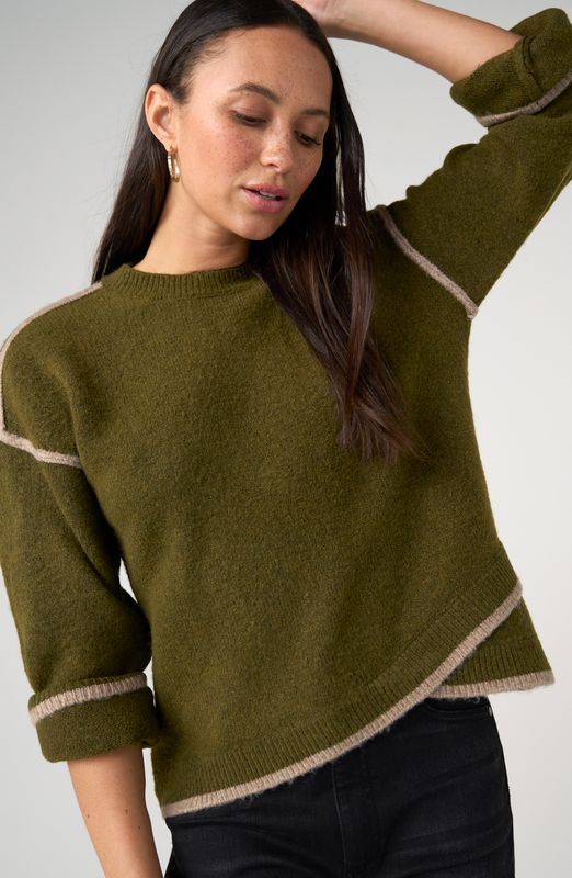 Long Sleeve Crewneck Sweater w/Cream Tulip Hem