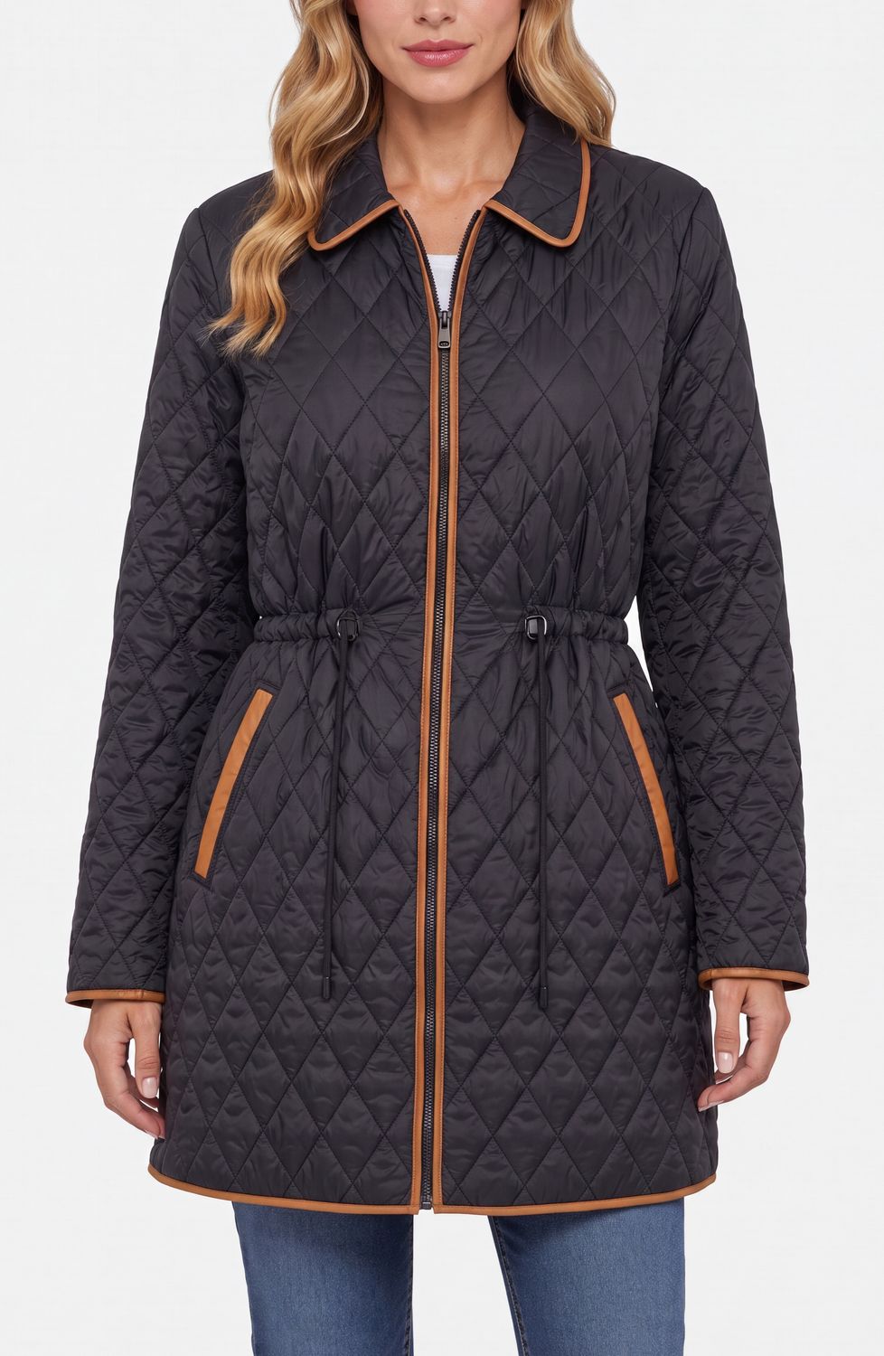Zip Front Quilted Coat w/Cinched Waist