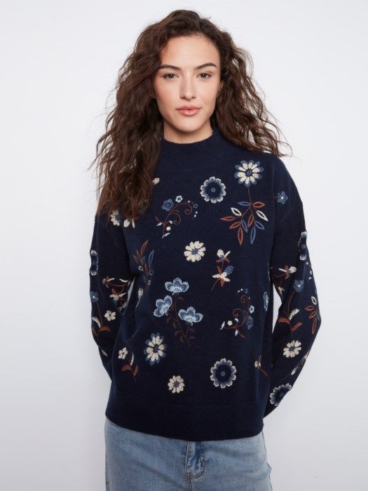 Embroidered Mock Neck Sweater