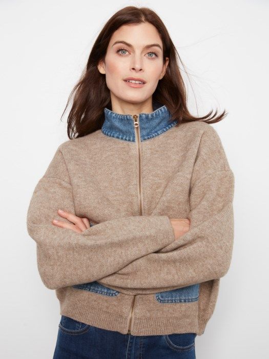 Sweater Jacket with Denim Pockets