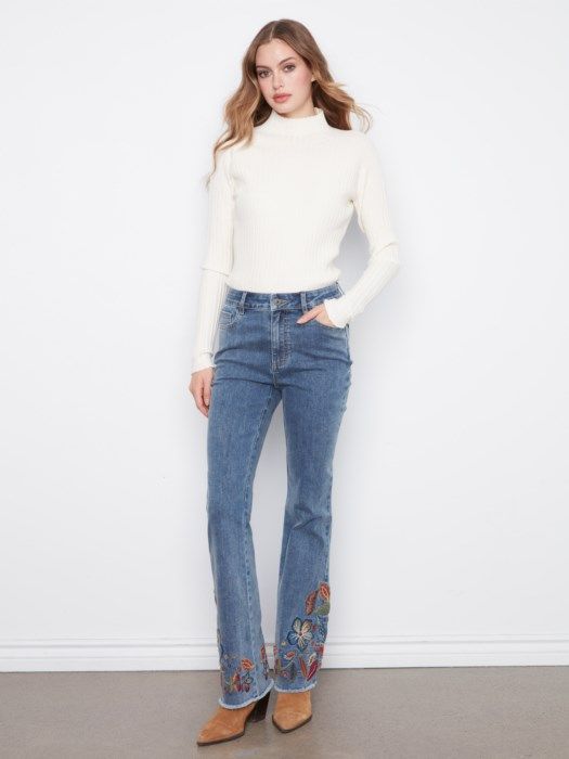 Flare Leg Jeans w/Colorful Embroidery