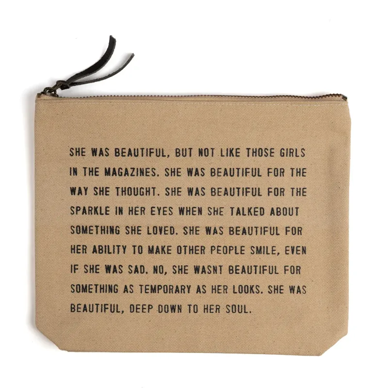 She Was Beautiful Canvas Zip Bag- Flax