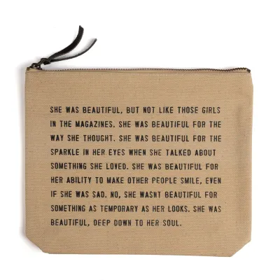 She Was Beautiful Canvas Zip Bag- Flax