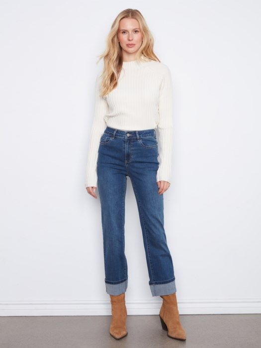 Leopard Trim Cuff Hem Jeans