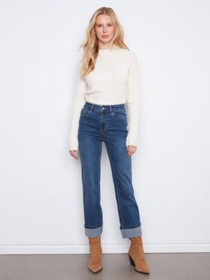 Leopard Trim Cuff Hem Jeans