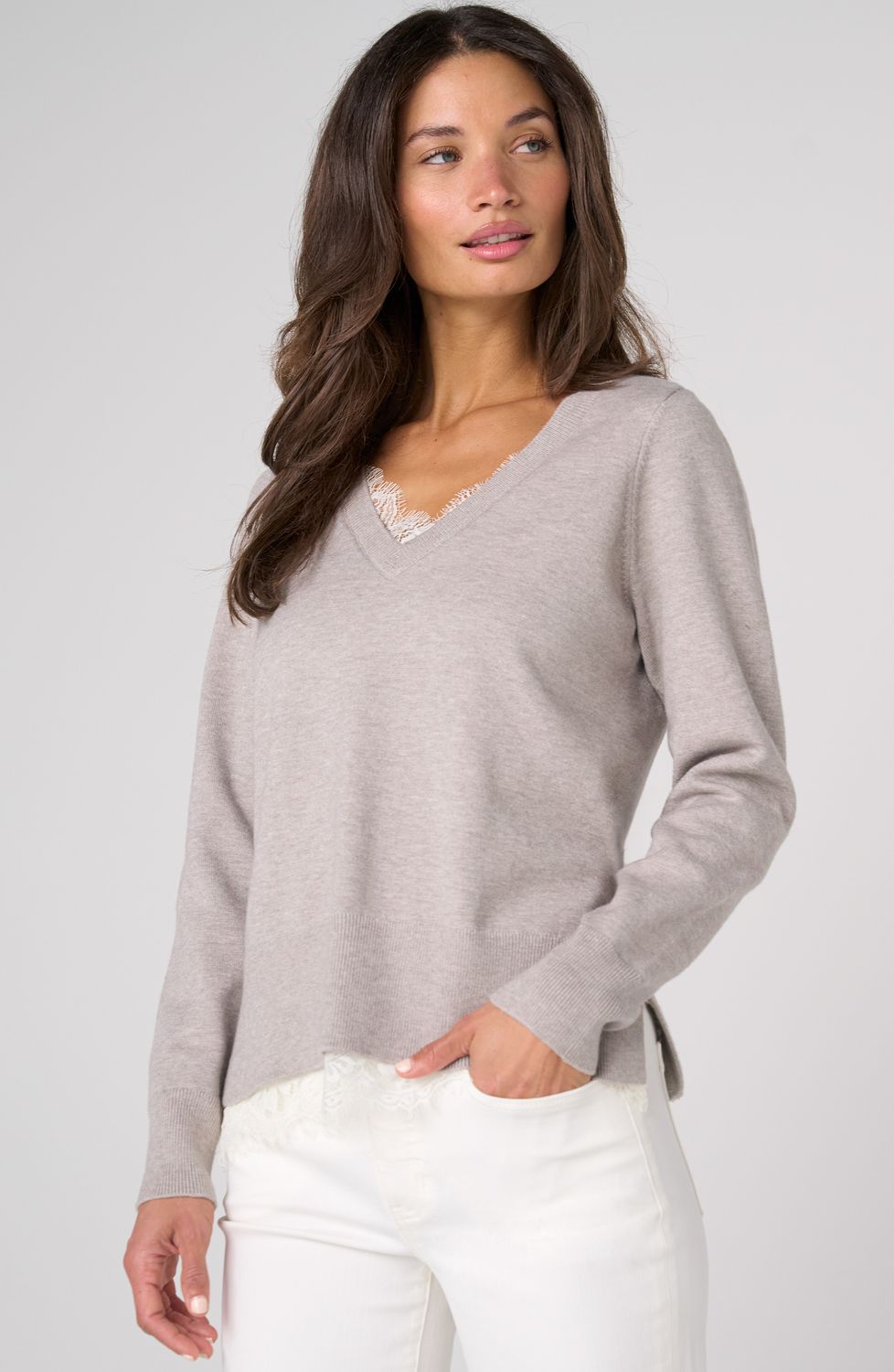 V-neck Long Sleeve Sweater w/Lace