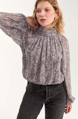 Long Sleeve Shirred Mock Neck Woven Top