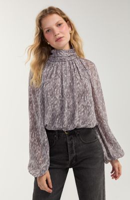 Long Sleeve Shirred Mock Neck Woven Top