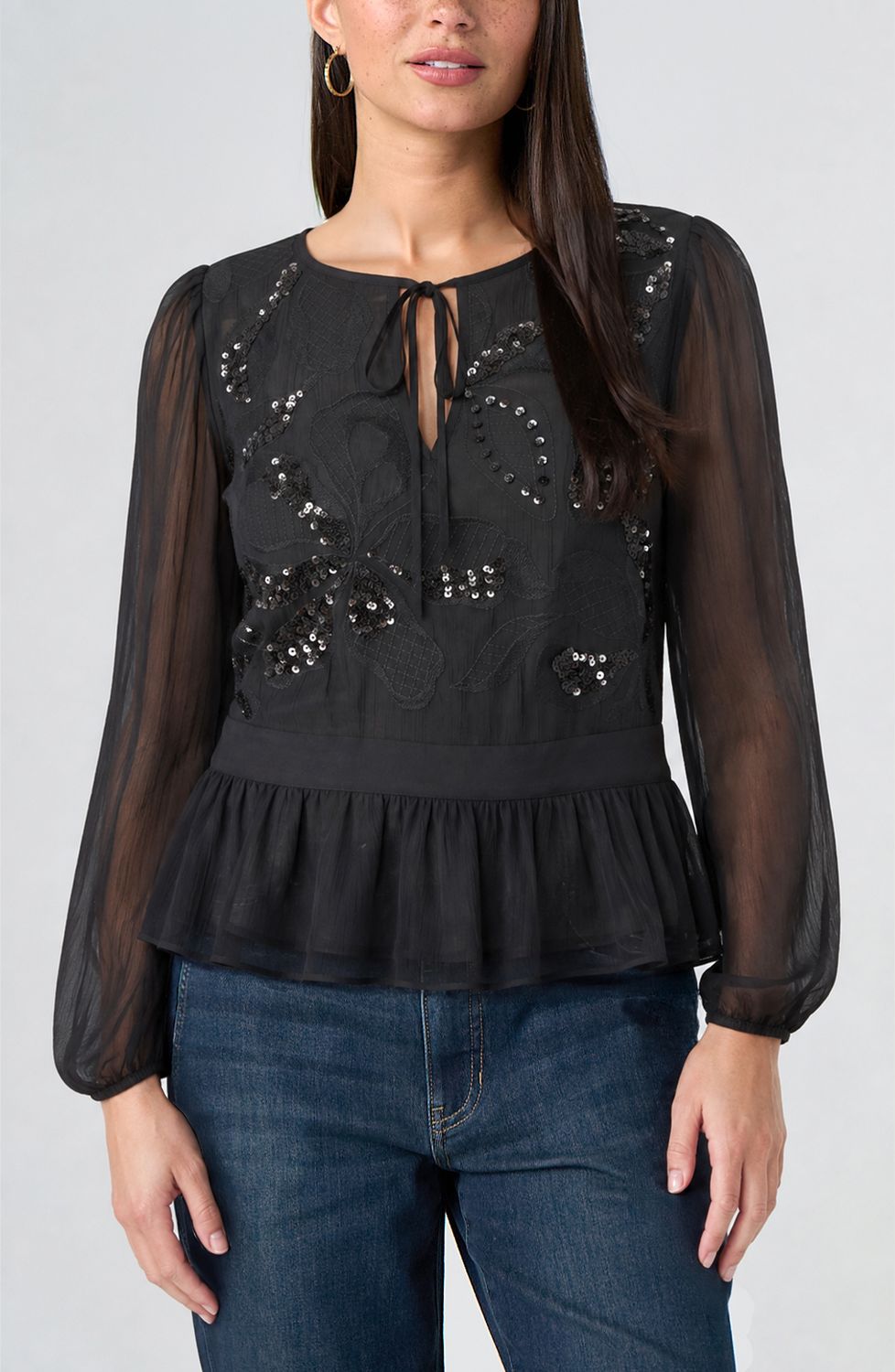 Long Sleeve Embellished Woven Top