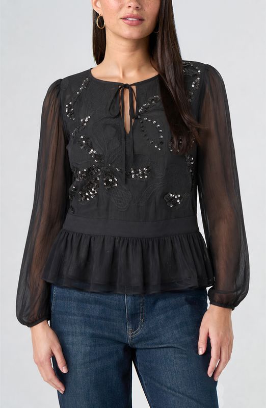 Long Sleeve Embellished Woven Top