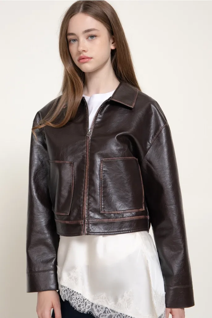 Washed Effect Faux Leather Jacket