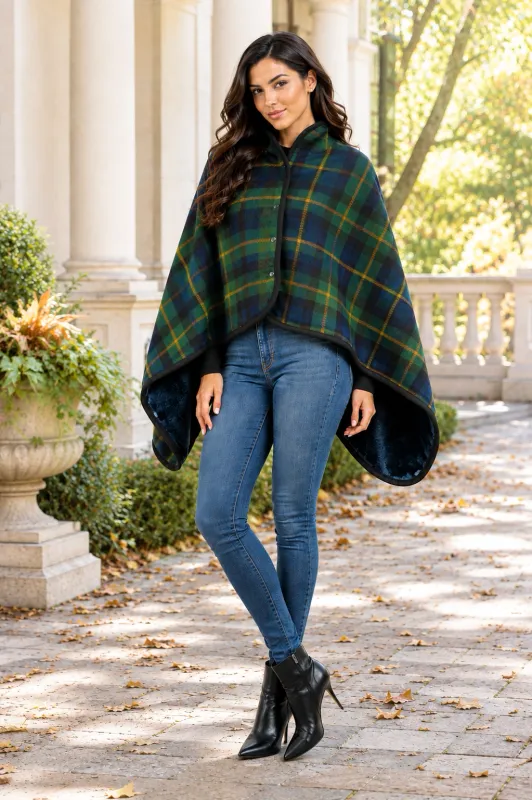 Reversible Plaid Faux Fur Cape &amp; Blanket