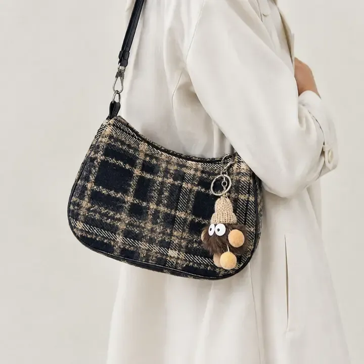 Plaid Woolen Fabric Baguette Crossbody Bag