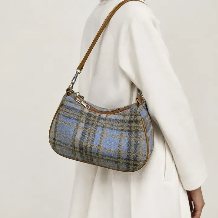 Plaid Woolen Fabric Baguette Crossbody Bag