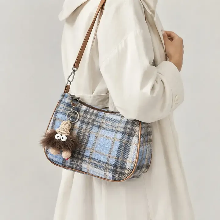 Plaid Woolen Fabric Baguette Crossbody Bag
