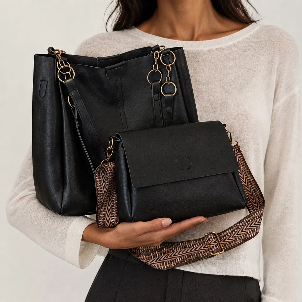Two-Piece Faux Leather Commuter Tote Bag Set