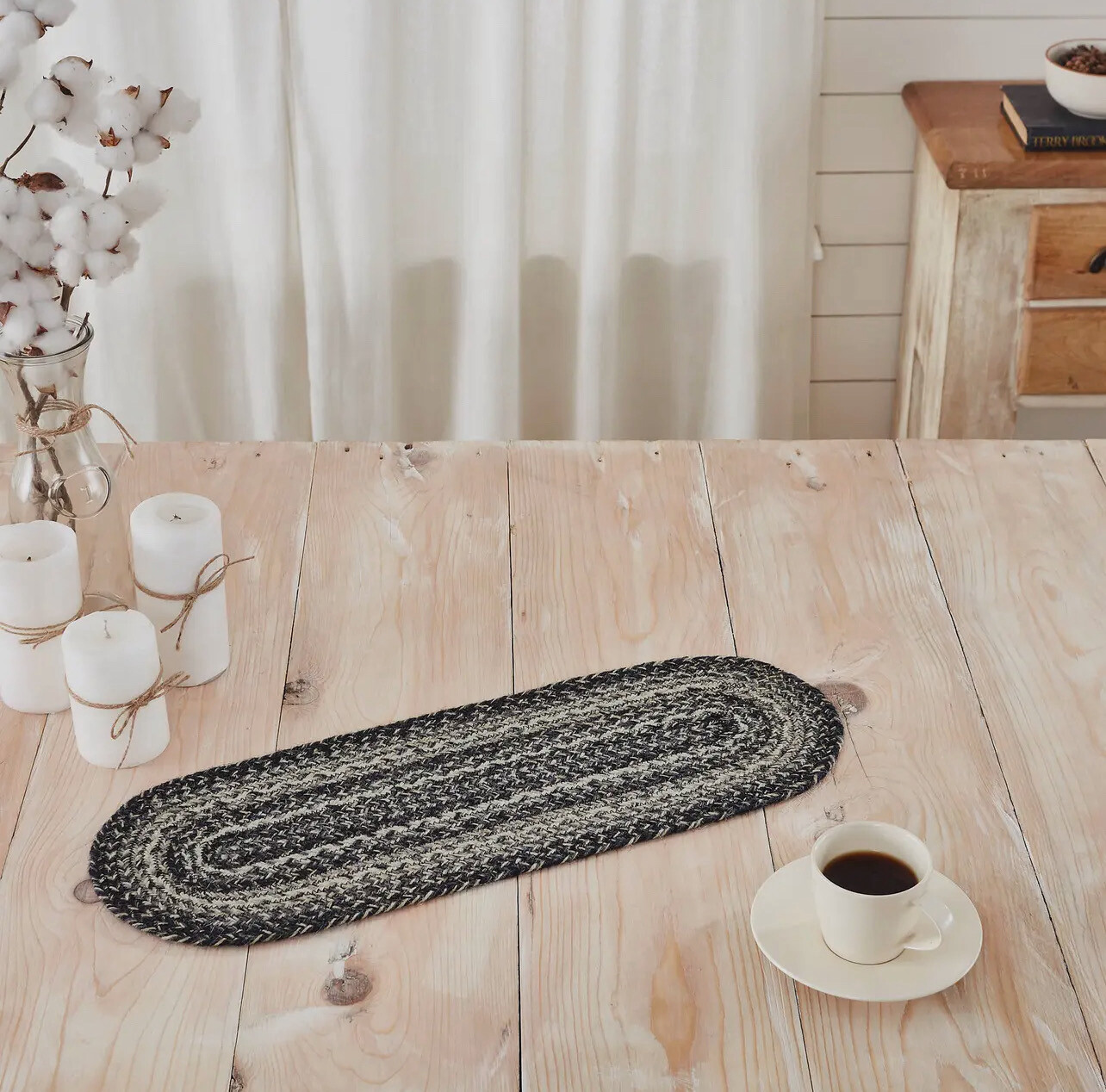 SALE/ Sawyer Mill Black White Jute Oval Runner 8” x 24”