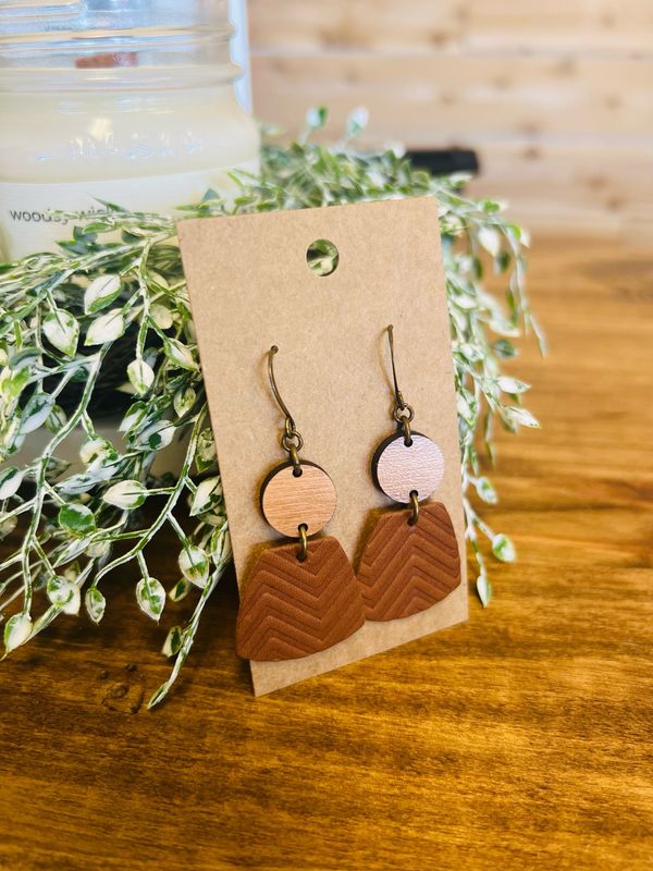 Round Wood/ Leather Petal Earrings