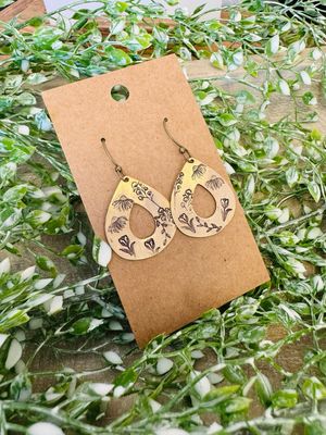 Brass Teardrop Stamped Wildflower Earrings
