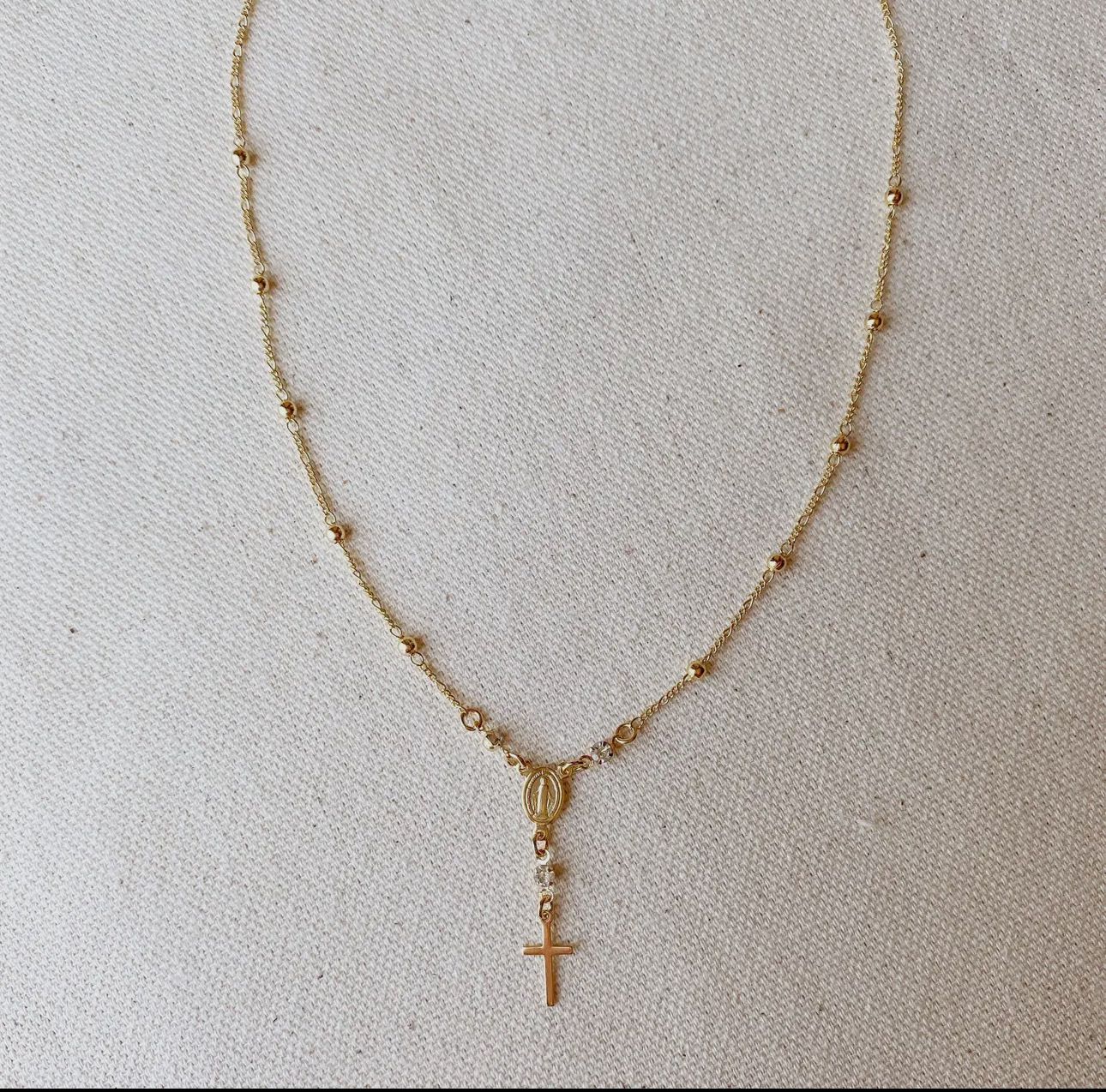 18k Gold Filled Rosary Ball Chain and Small Plain Cross