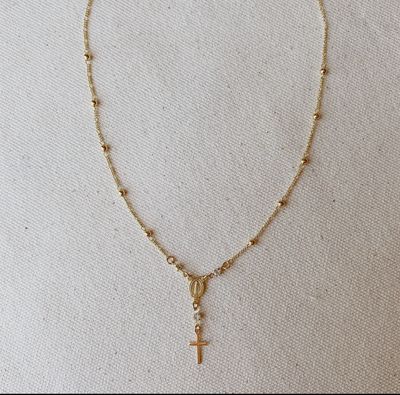 18k Gold Filled Rosary Ball Chain and Small Plain Cross