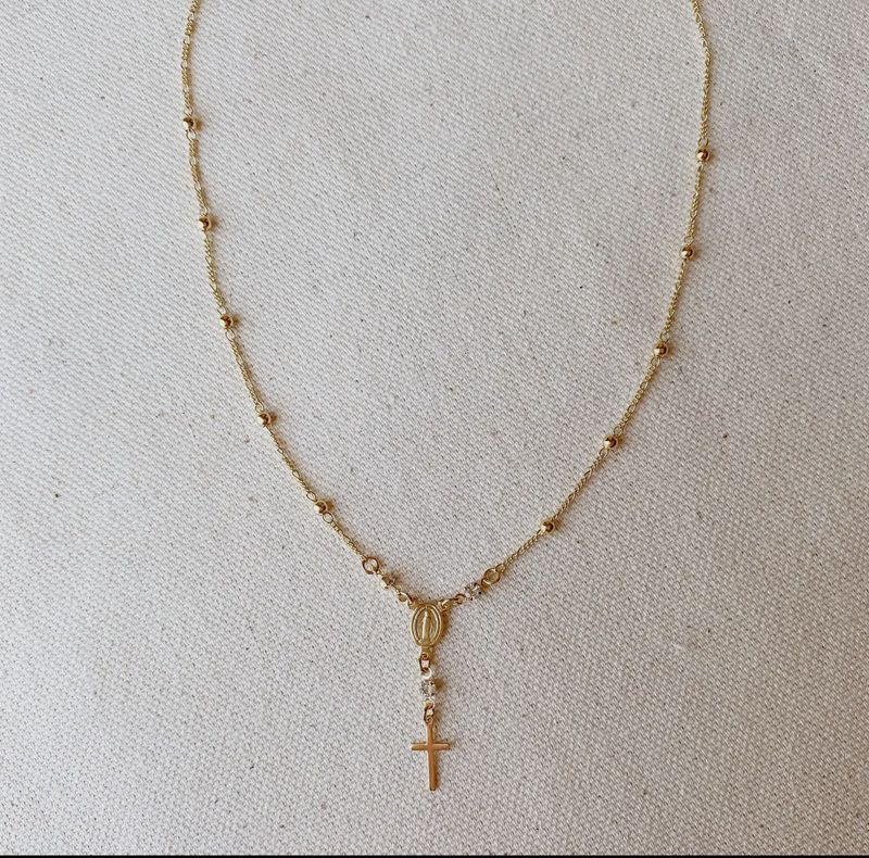18k Gold Filled Rosary Ball Chain and Small Plain Cross