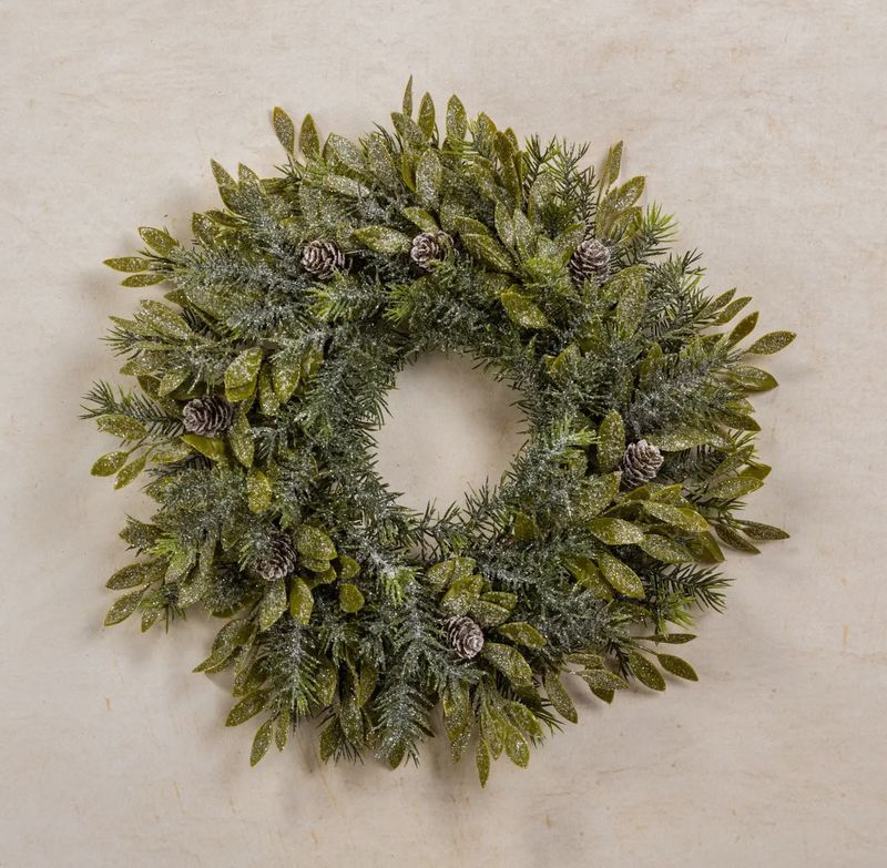 15&quot; Glittered Pine w/ Leaves &amp; Pinecones Wreath
