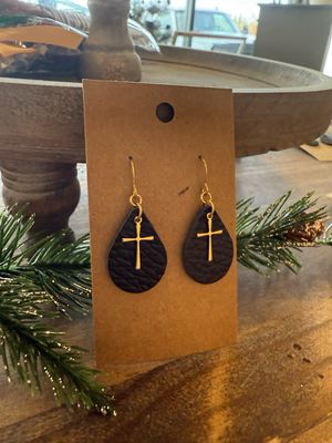 Small Teardrop Black with Gold Cross