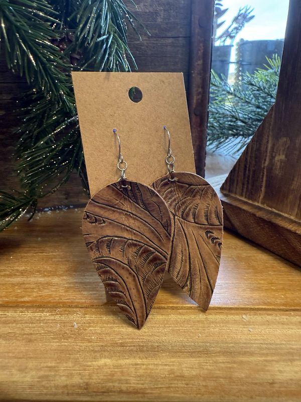 Large Pinched Teardrop Brown Western Tooled Earrings