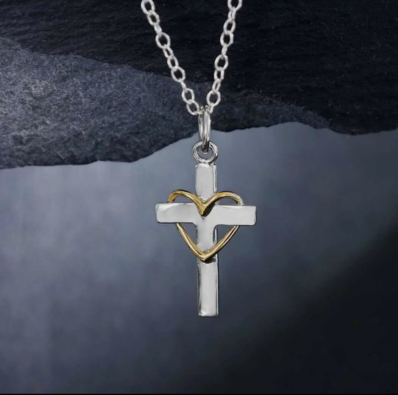 Sterling Silver 18&quot; Cross Necklace with Bronze Heart