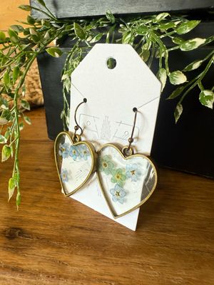 Resin Heart Earrings, Forget Me Not Flowers