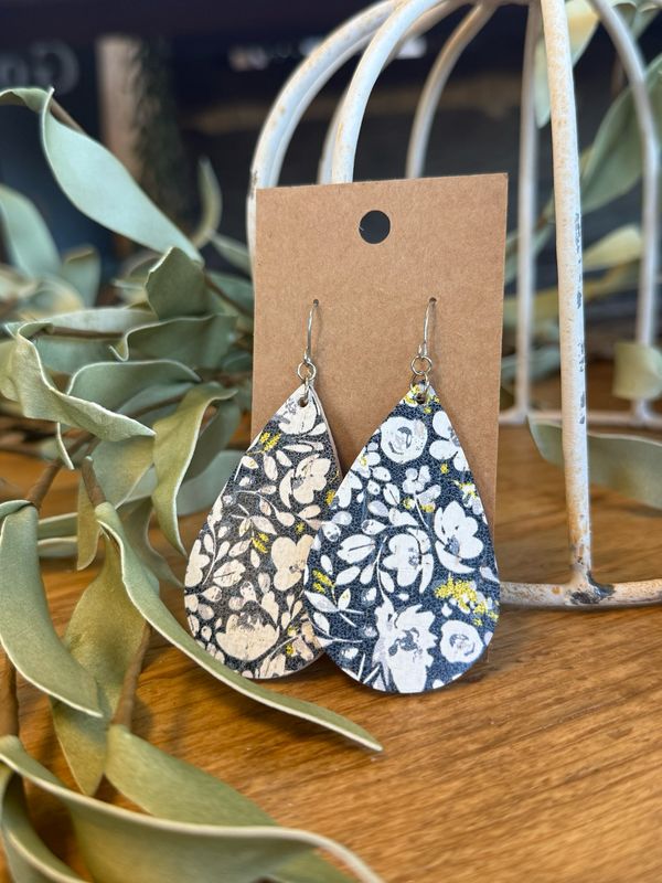 Large Teardrop: Navy Floral Cork Earrings