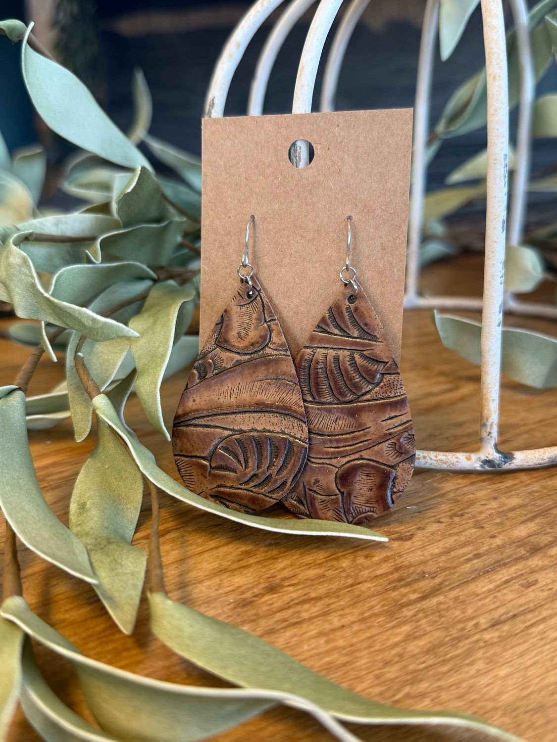 Large Teardrop Brown Western Tooled Earrings