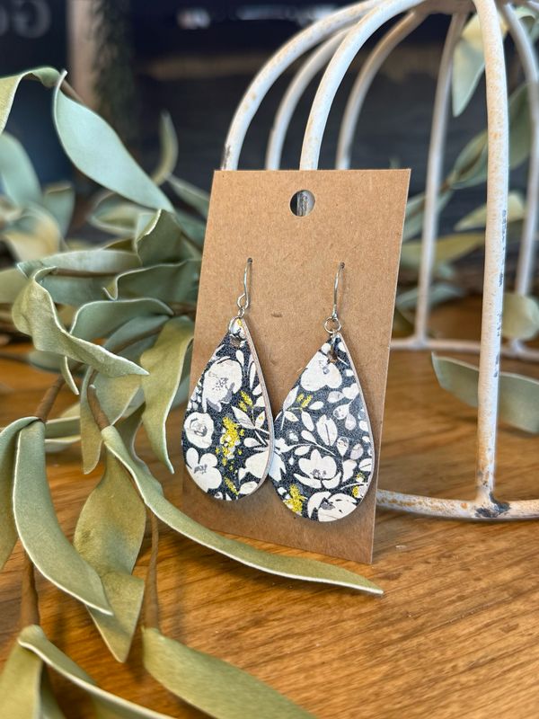 Medium Teardrop: Navy Floral Cork Earrings