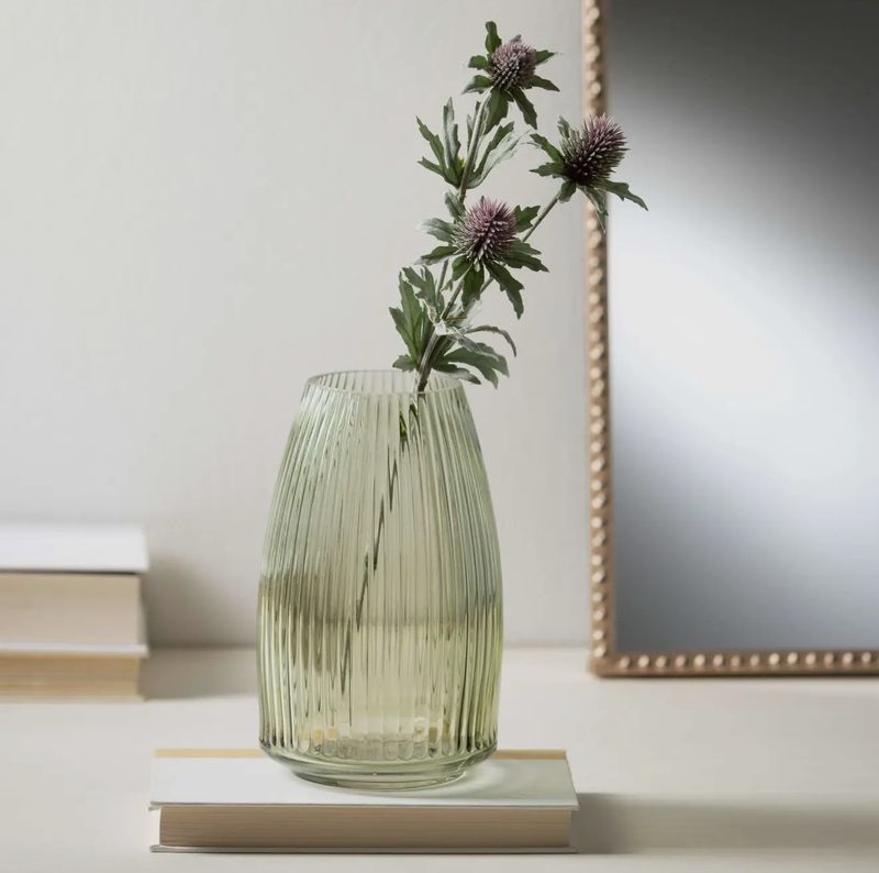 Green Ribbed Glass Vase