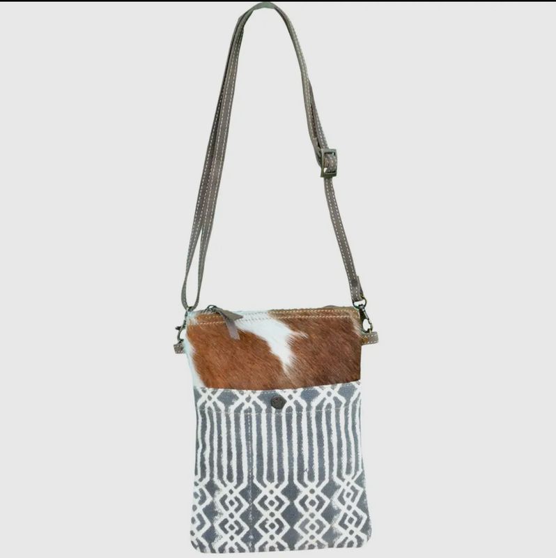 White Canvas Pattern with Cowhide Crossbody