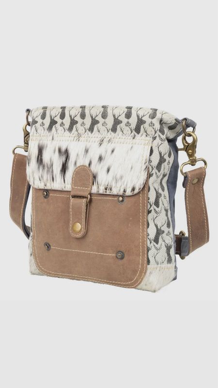 Deer Print Shoulder Bag with Cowhide Pocket