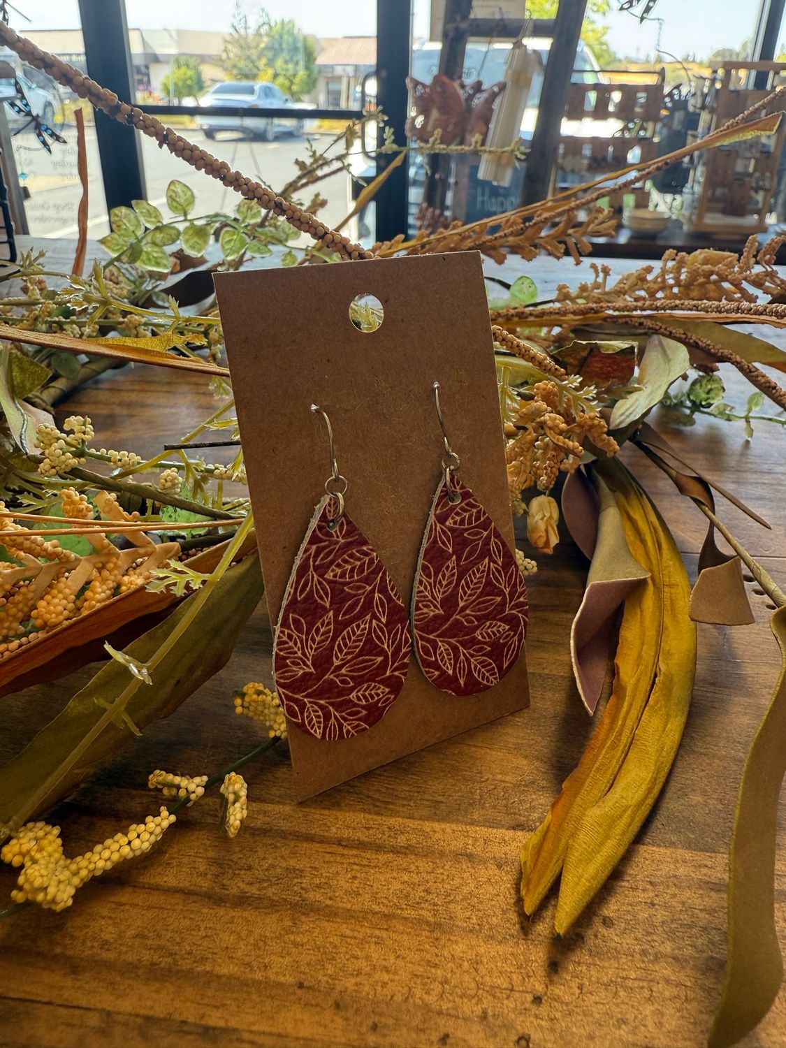Medium Teardrop Earrings: Cranberry w/ Cream Leaves