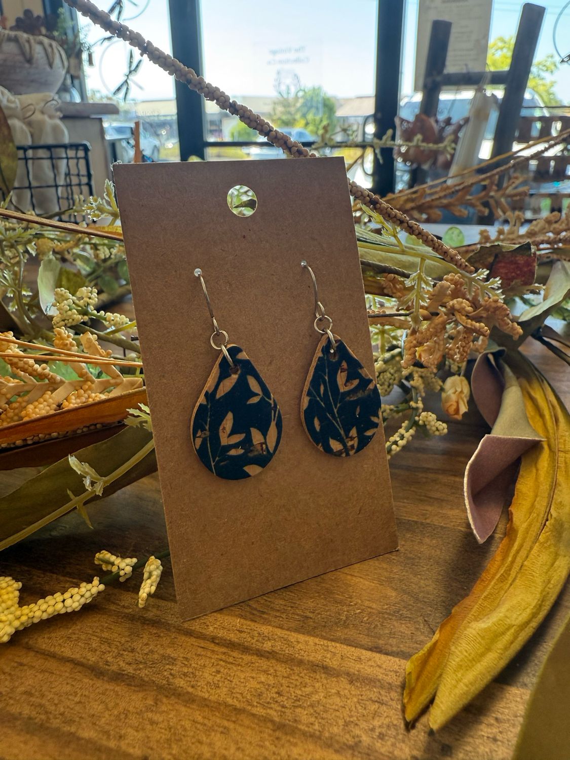 Small Teardrop Earrings: Navy Willow Cork