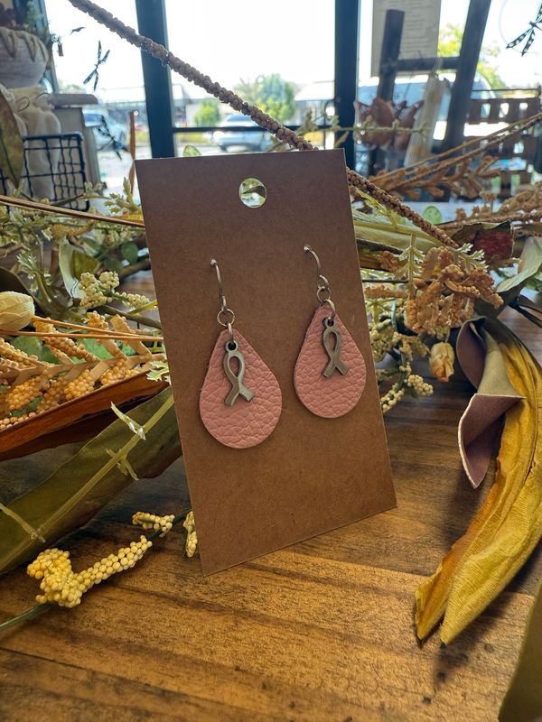 Small Teardrop Earrings : Pink Awareness Ribbon Charm