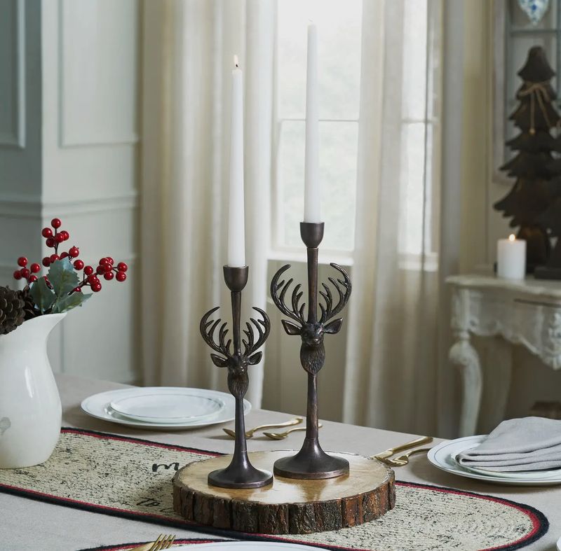Rustic Stag Metal Candlestick Holder Set