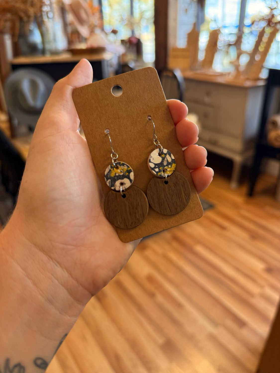 Round Wood &amp; Navy Floral Cork Earrings