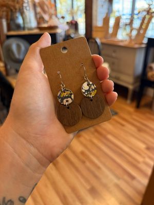 Round Wood & Navy Floral Cork Earrings