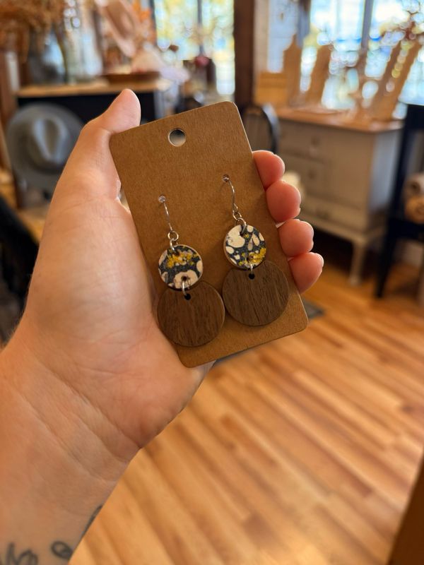 Round Wood &amp; Navy Floral Cork Earrings