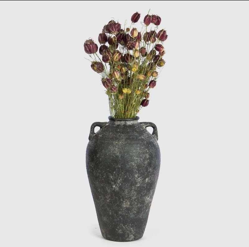 Round Tall Terracotta Dark Vase w/ Side Handles