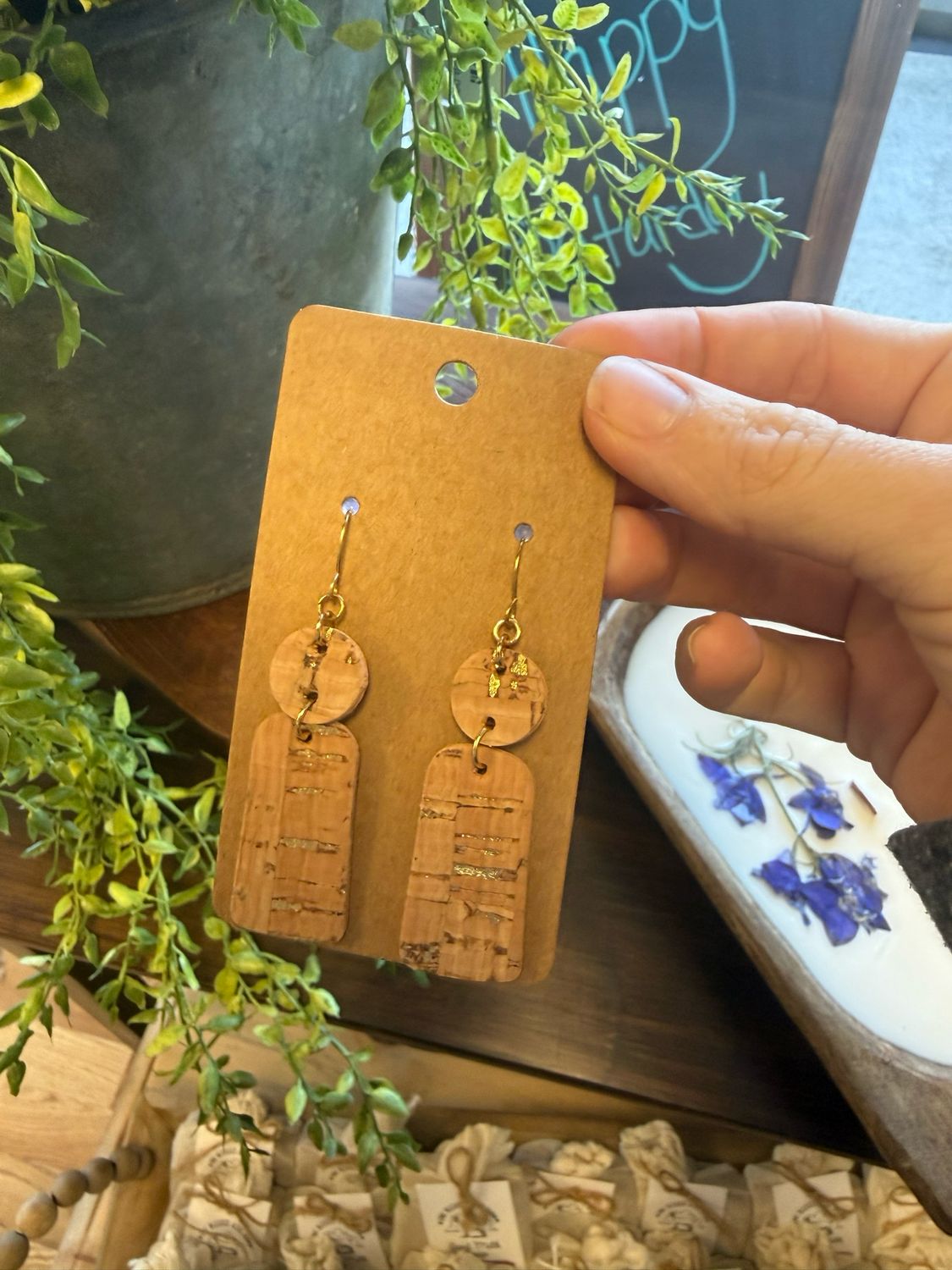 Small Bar Earrings: Cork W/ Gold Accent Earrings