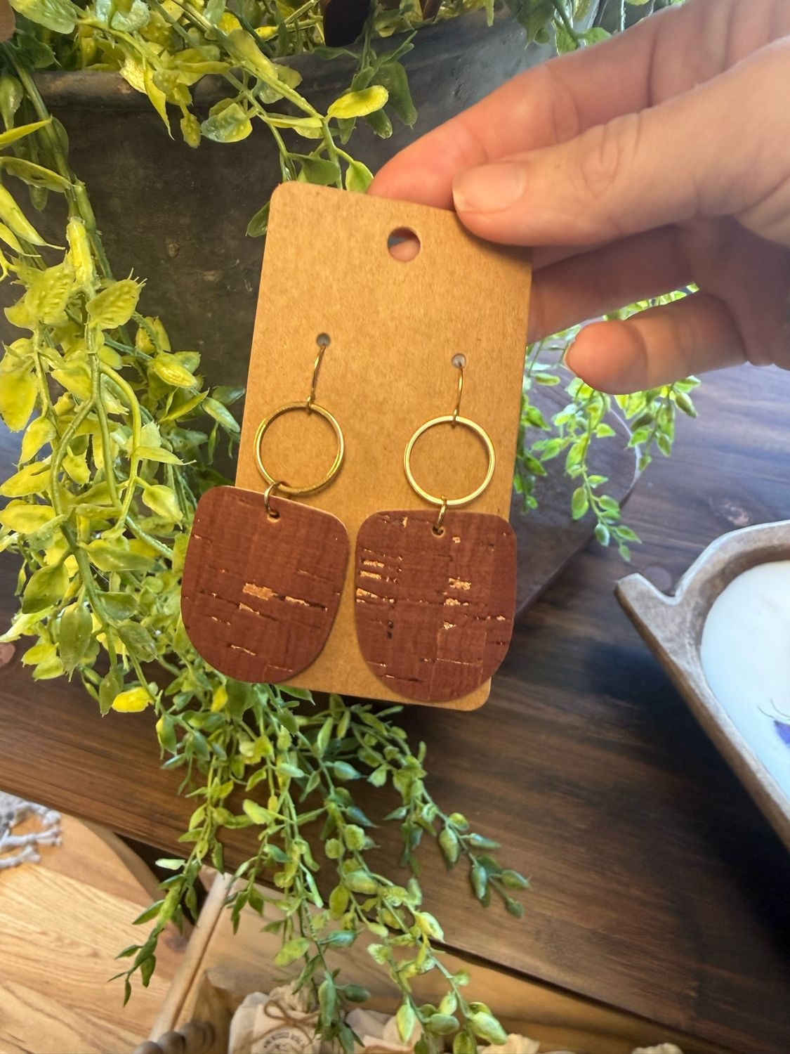 Boho Dangle Earrings: Cinnamon Cork W/ Gold Accents