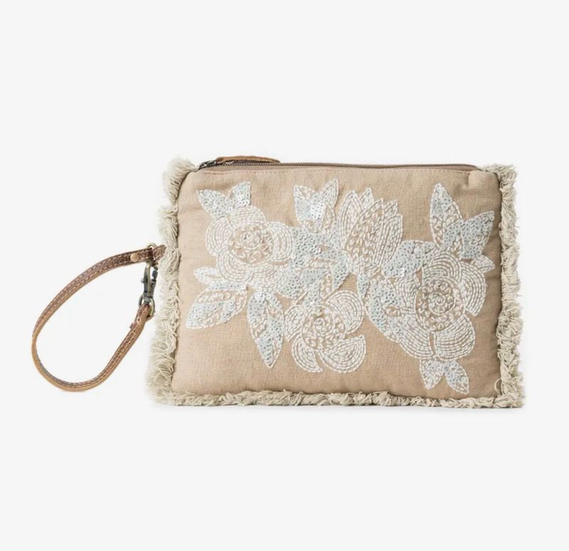 Meadow Lace Embroided Pouch in Ivory Bloom